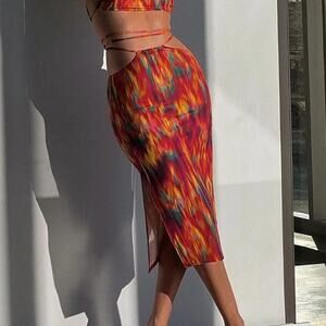WeWoreWhat Cut Out Midi Skirt in‎ Spicy Orange Fire Tie Dye M NWT